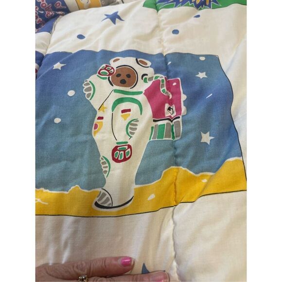 Astro Bears kids comforter Vtg Little Bear Astronauts Space Puppy USA Flags Twin - Picture 9 of 16